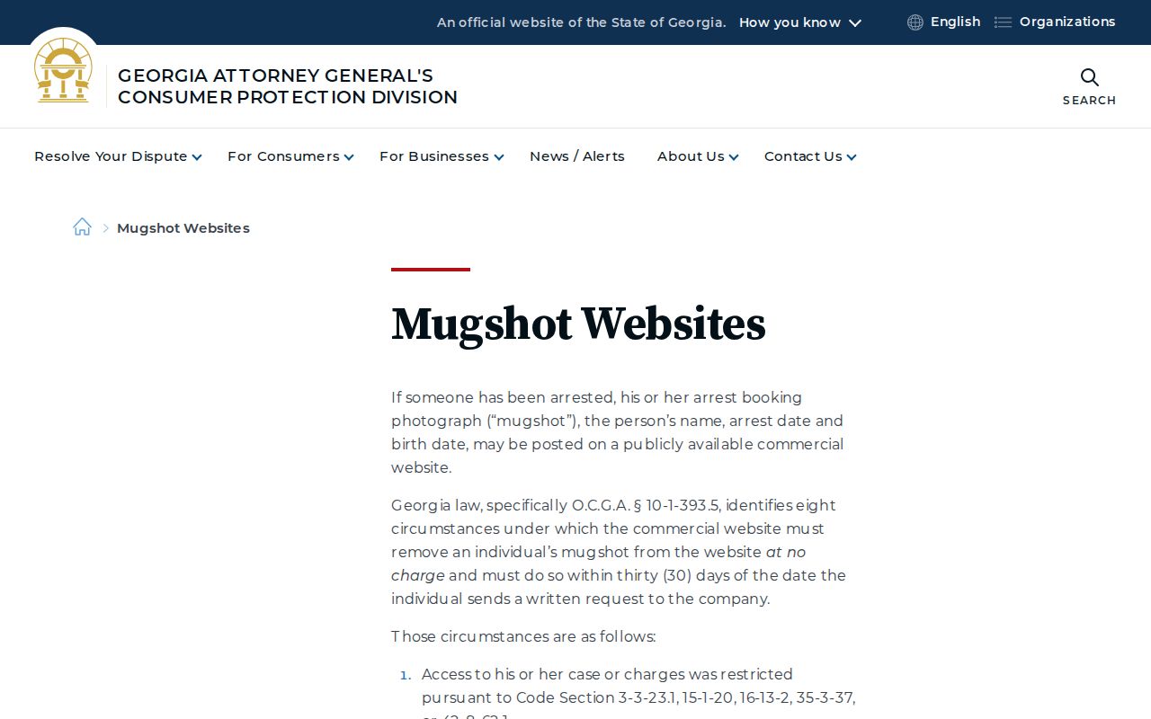 Georgia Attorney General mugshot website removal information