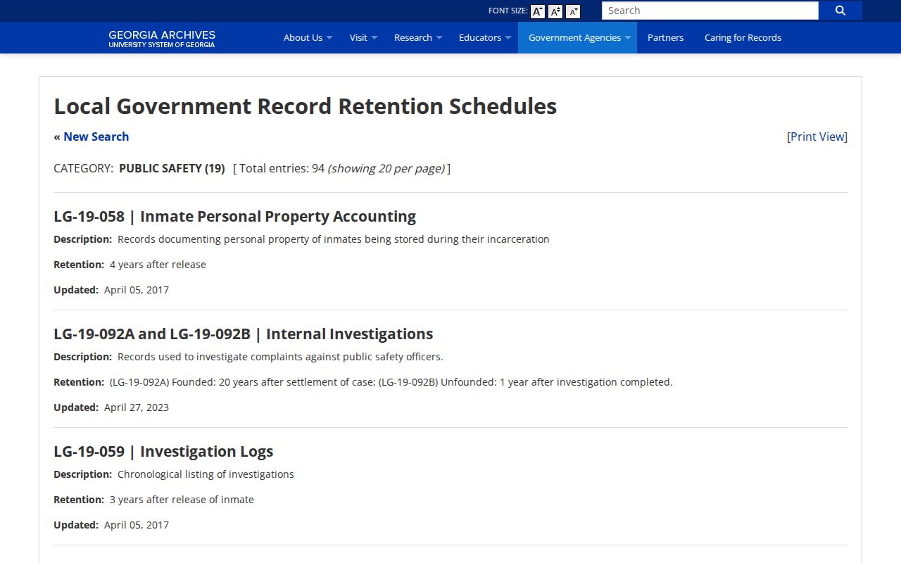 Georgia Archives local jail booking-record retention schedule entry